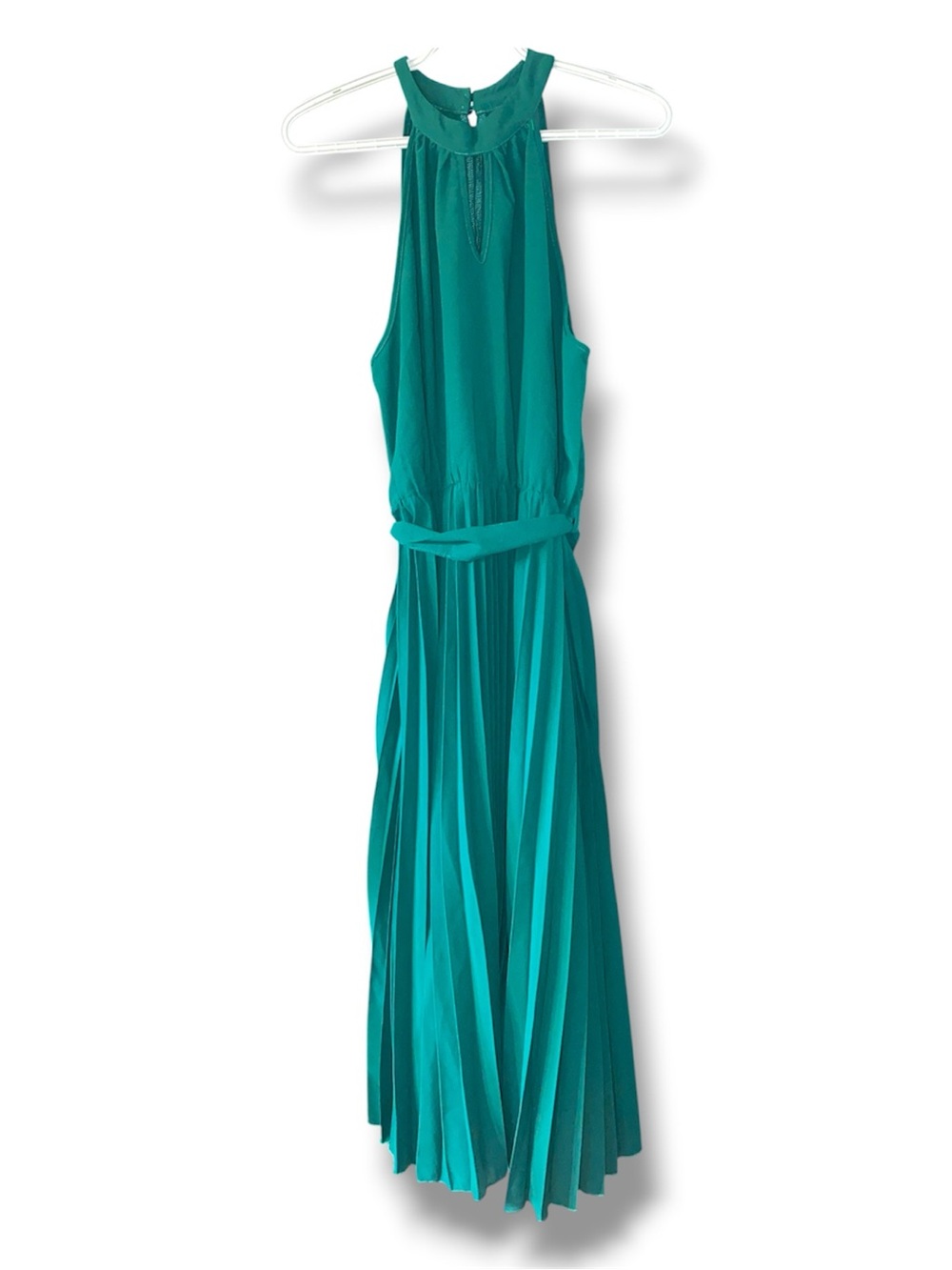 Sleeveless Teal Halter Maxi Dress with Self-Tie Waist
